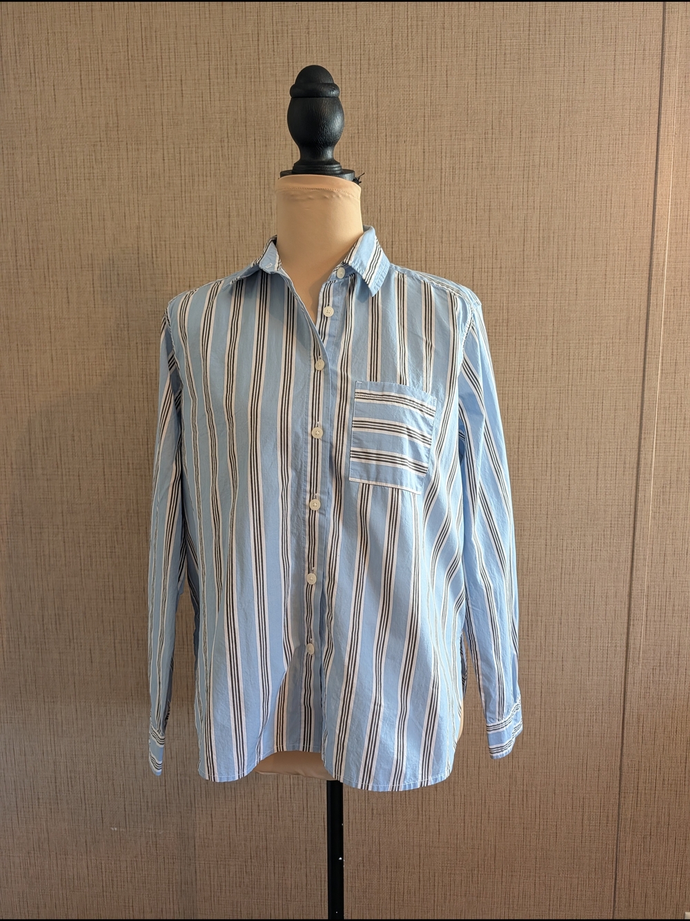 LOFT Light Blue, White and Brown Striped Button-Down Shirt